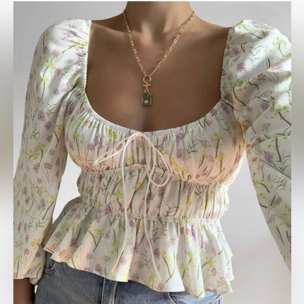 Redberry Puff‎ Ling Sleeves Floral Gorset Cropped Top Blouse Size S